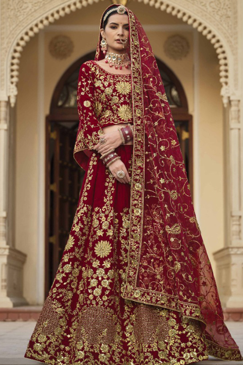 Dark Maroon Velvet Embroidered A Line Lehenga