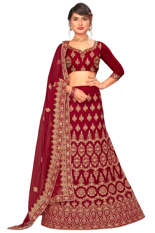 Dark Maroon Velvet A Line Lehenga with Stone embroidery