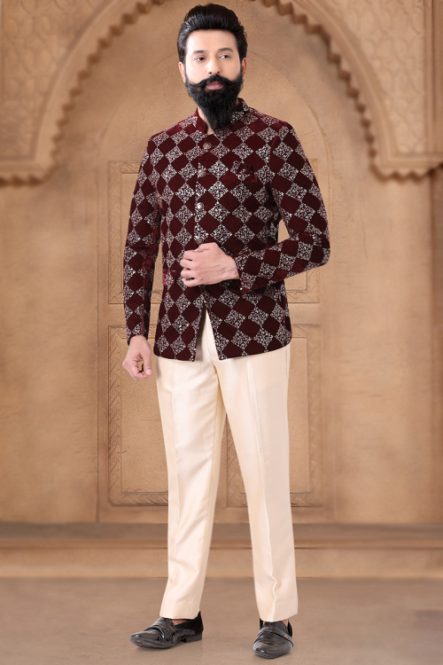 Dark Maroon Velvet Embroidered Jodhpuri Style Men's Coat Pant