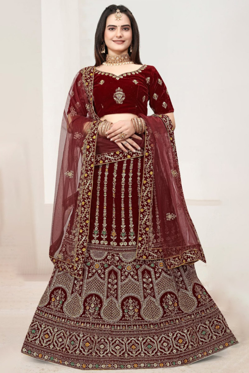 Dark Maroon Velvet Embroidered Panelled Lehenga