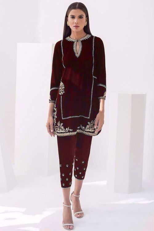 Dark Maroon Velvet Pakistani Trouser Salwar Suit For Wedding
