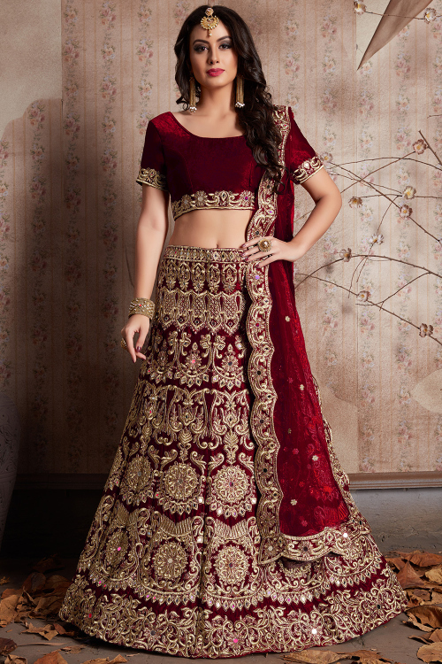 Dark Maroon Velvet Lehenga with Zari Work for Sangeet
