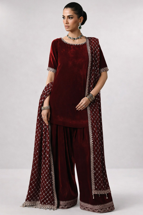 Dark Maroon Velvet Trouser Suit with Zari Work for Diwali