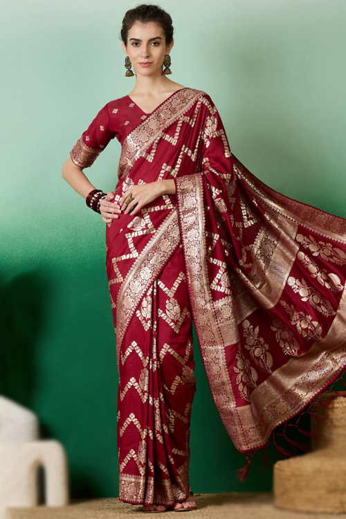 Dark Maroon Weaved Zari Organza Lightweight Saree For Sangeet 