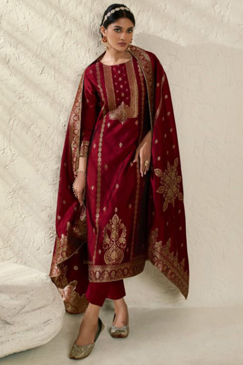 Dark Maroon Woven Zari Silk Straight Cut Trouser Suit