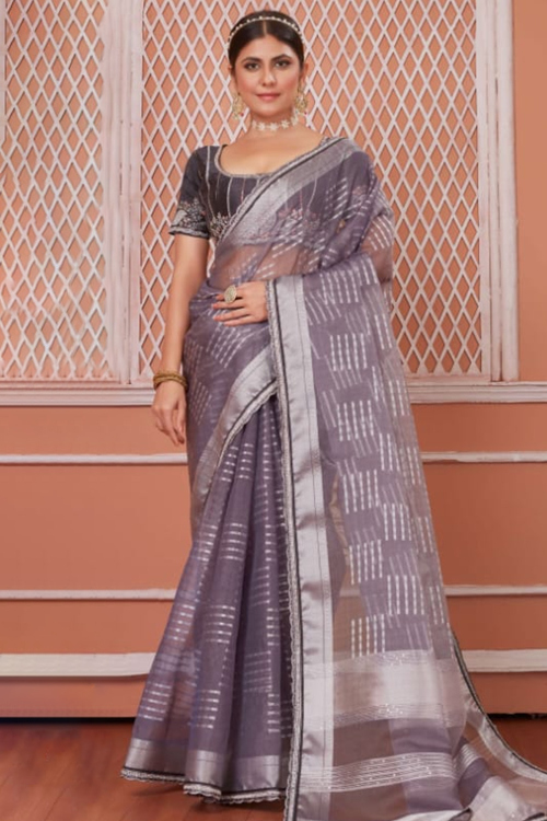 Dark Mauve Organza Woven Zari Light Weight Saree 