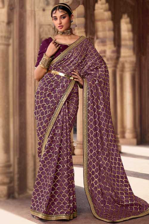 Buy Swarovski Berry Mauve Organza Saree with Blouse by CHARKHEE at Ogaan  Market Online Shopping Site