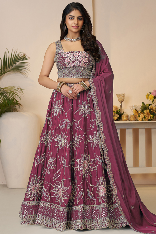 Dark Mauve Satin Embroidered Panelled Style Lehenga