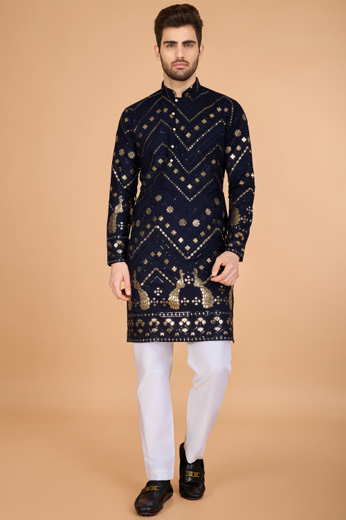 Dark Navy Blue Viscose Rayon Men's Embroidered Kurta Pajama