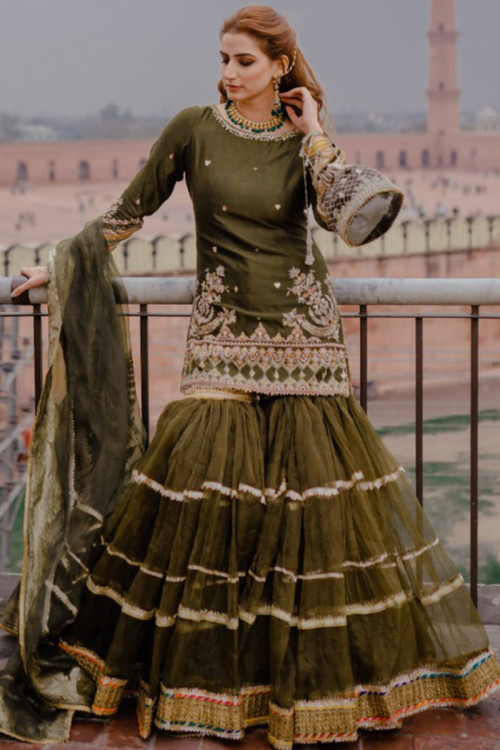 Dark Olive Green Silk Pakistani Sharara Suit With Zari Work