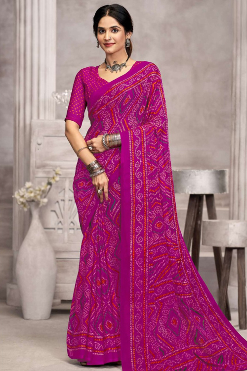 Dark Pink Chiffon Bandhej Printed Saree For Casual Wear
