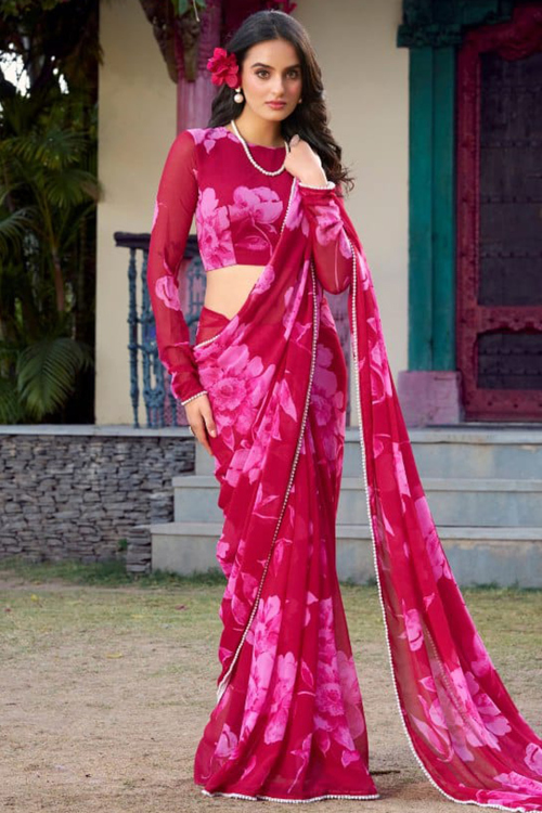 Dark Pink Chiffon Floral Printed Saree For Casual Wear