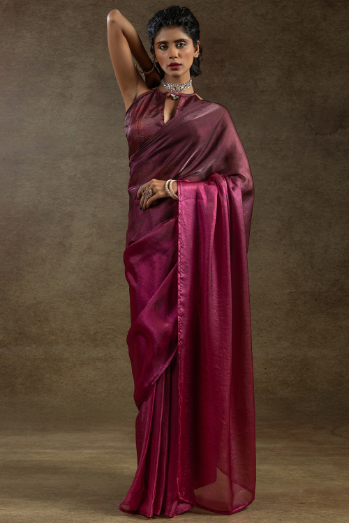 Dark Pink Chiffon Shimmer Saree for Festival