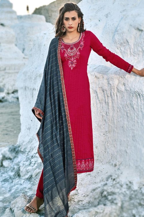 Dark Pink Chinnon Embroidered Straight Cut Suit