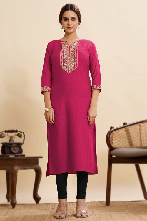 Dark Pink Cotton Kurti With Sequins Work For Casual Wear