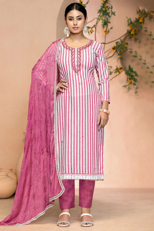 Dark Pink Cotton Printed Casual Wear Trouser Suit
