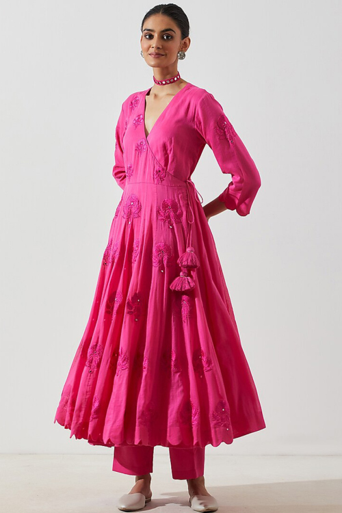 Dark Pink Cotton Silk Embroidered Angrakha Suit For Sangeet 