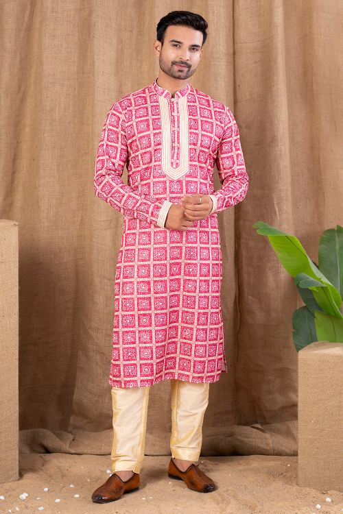 Dark Pink Cotton Silk Men's Kurta Pajama With Printed Work