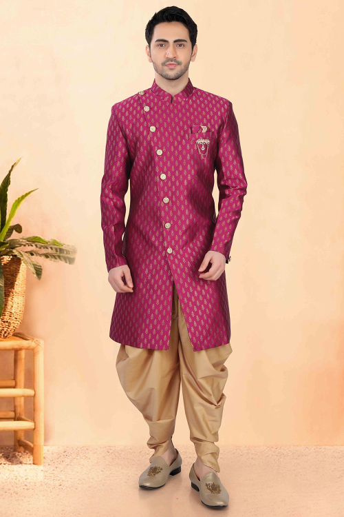 Dark Pink Cotton Silk Sherwani with Woven Work for Wedding