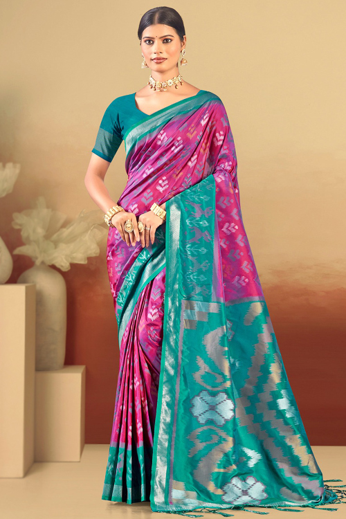 Dark Pink Cotton Silk Weaved Broad Border Saree
