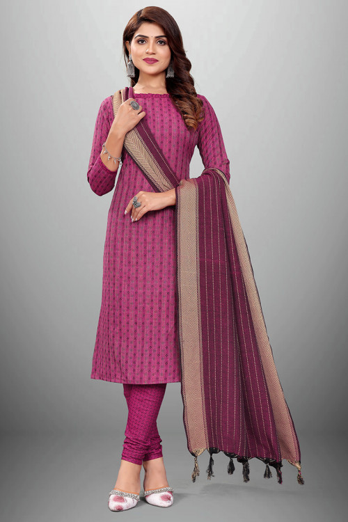 Dark Pink Cotton Weaved Thread Straight Cut Churidar Suit 