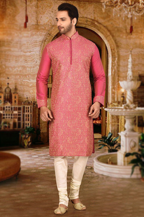 Dark Pink Dupion Silk Churidar Men Kurta Pajama