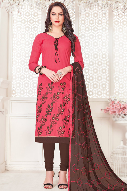 Dark Pink Embroidered Cotton Casual Wear Churidar Suit 