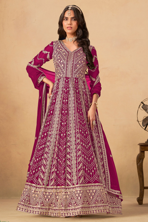 Dark Pink Georgette Anarkali Suit With Zari Work