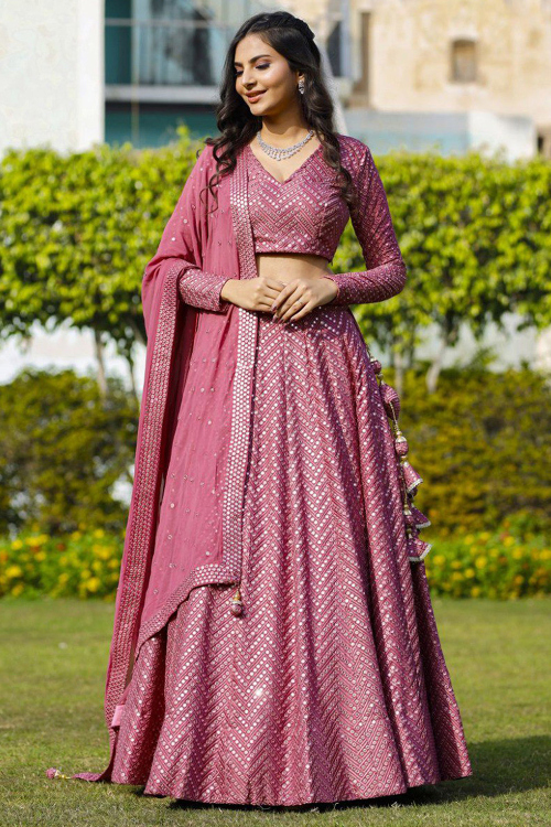 Dark Pink Georgette Embroidered A Line Lehenga