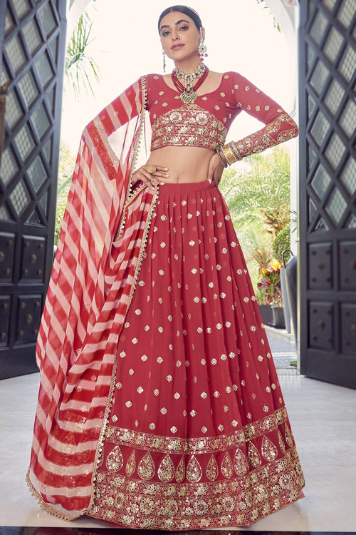 Dark Pink Georgette Embroidered Lehenga