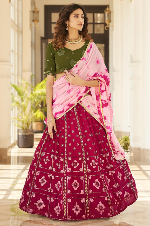 Dark Pink Georgette Embroidered Lehenga