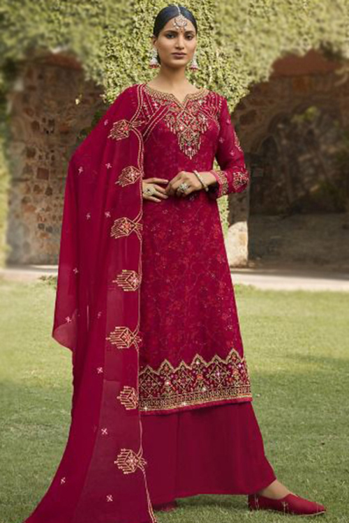 Dark Pink Georgette Zari Work Trouser Salwar Suit for Party Wear