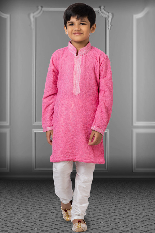 Dark Pink Georgette Resham Thread Embroidered Boy's Kurta Churidar