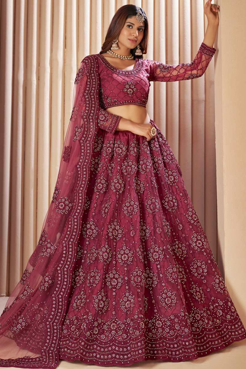 Dark Pink Net Embroidered Lehenga