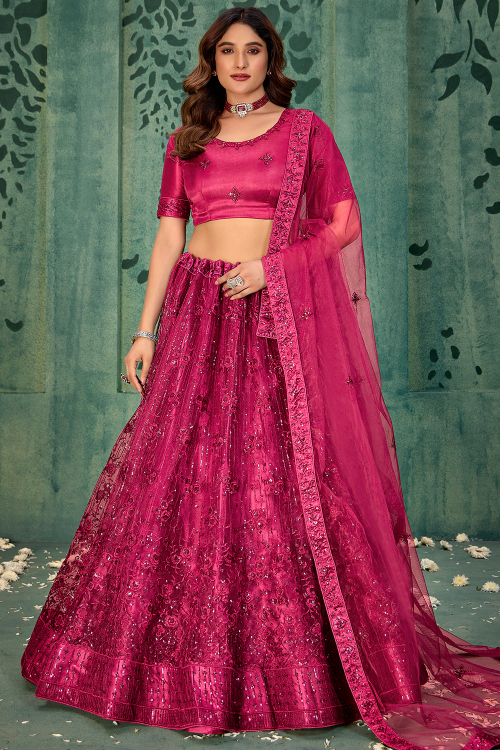 Dark Pink Net Lehenga With Sequins Work For Weddings