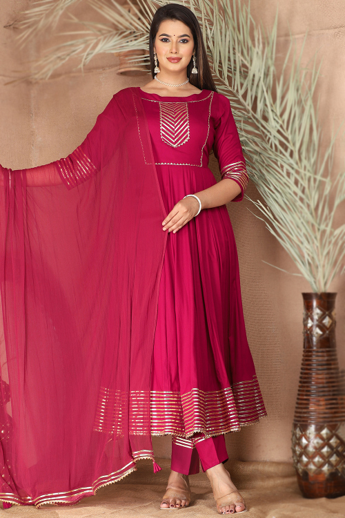 Dark Pink Rayon Gota Patti Embroidered Anarkali Suit