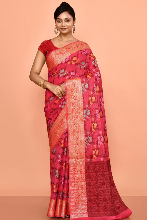 Dark Pink Silk Blend Saree With Weaved Work For Festival