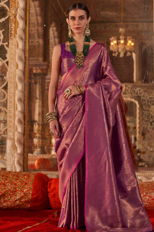 Dark Pink Silk Blend Saree With Woven Zari Work For Diwali
