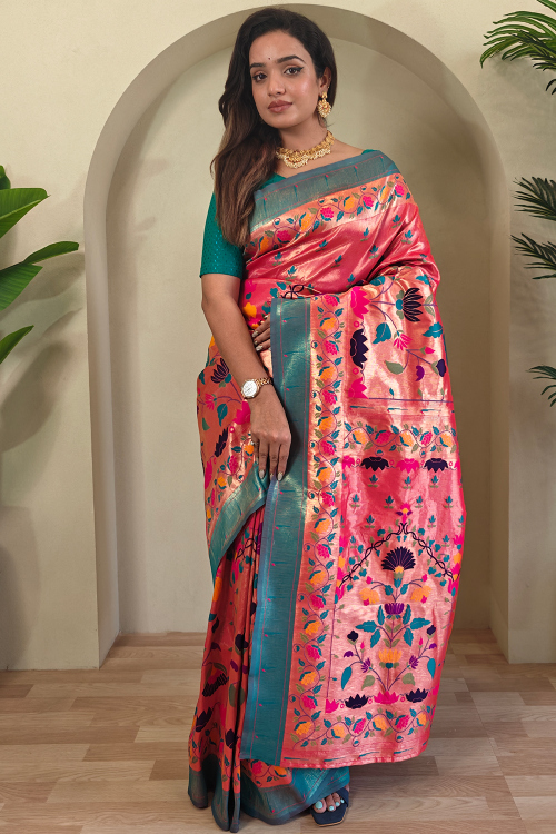 Dark Pink Silk Blend Weaved Paithani Saree