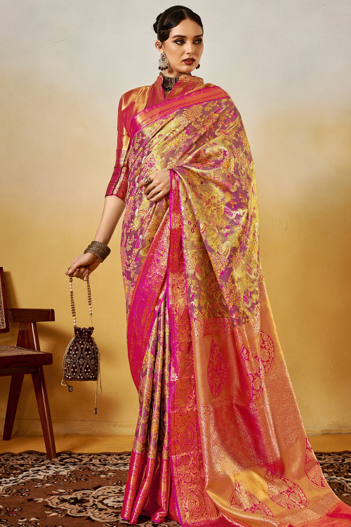 Dark Pink Silk Blend Weaved Saree For Diwali