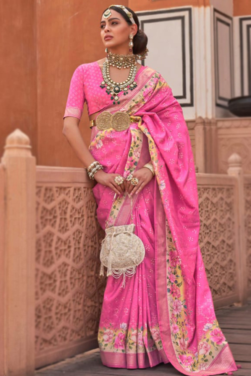 Dark Pink Silk Casual Wear Floral Print Light Weight Saree 