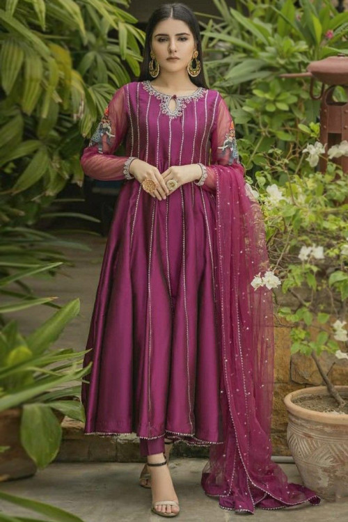 Dark Pink Silk Embroidered Anarkali Suit