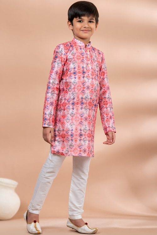 Dark Pink Silk Printed Boy's Kurta Pajama For Sangeet