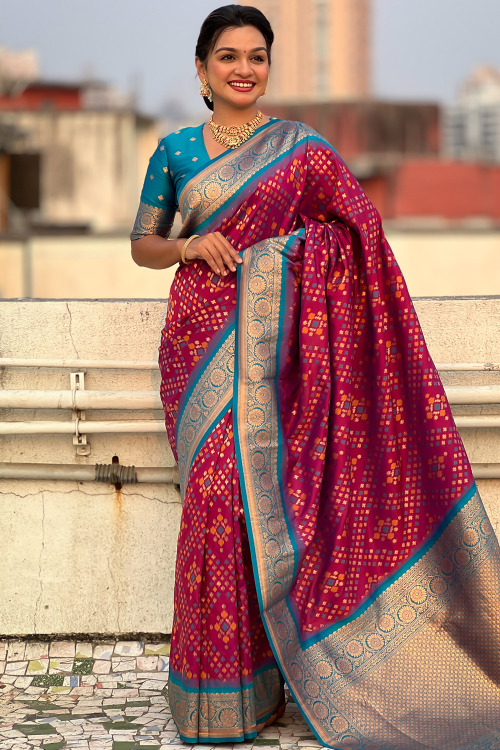 Dark Pink Silk Saree With Weaved Work For Diwali