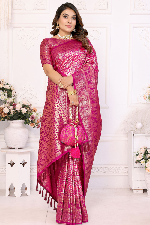 Dark Pink Soft Silk Saree With Weaved Work For Festival