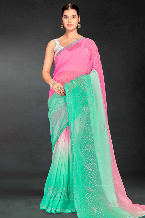 Dark Pink Tissue Saree With Printed Work For Festival