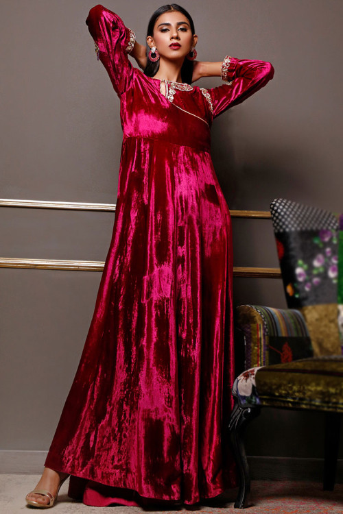 Dark Pink Party Wear Zari Embroidered Anarkali Suit in Velvet