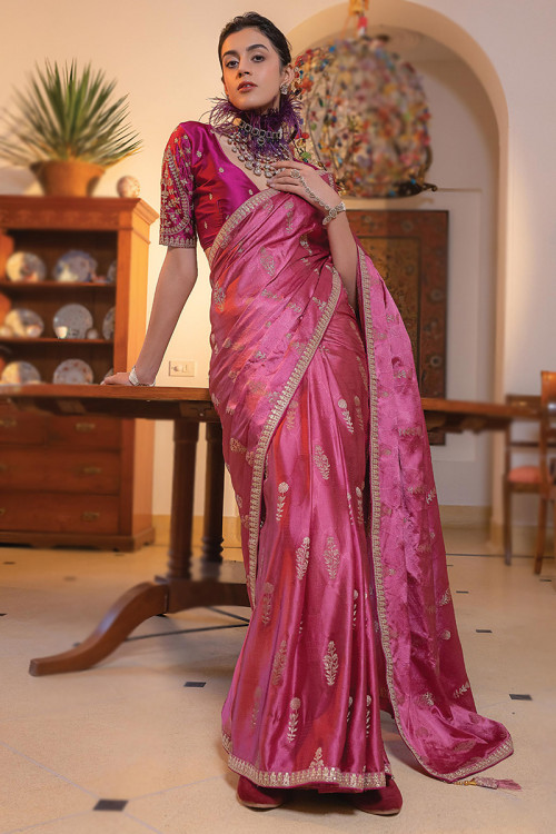 Dark Pink Weaved Viscose Satin Sangeet Saree
