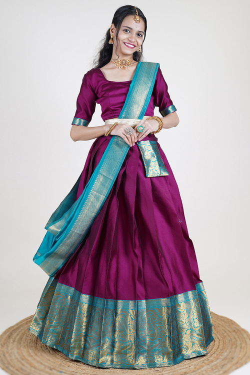 Dark Pink Weaved Zari Silk South Indian Style Lehenga 
