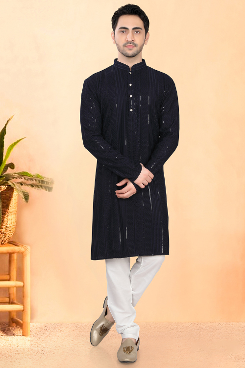 Dark Prussian Blue Embroidered Cotton Silk Men’s Kurta Churidar